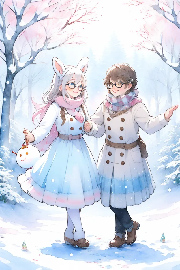 two cute fluffy rabbits are smiling and making a snowman in a magical forest. round glasses, sweater, scarf, male, female, snow ...