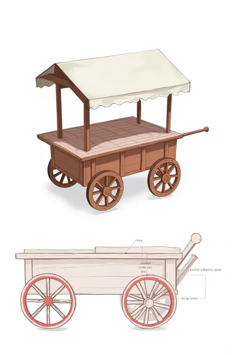 Wooden cart to sell products with colonial design with minimalist white and red colors
