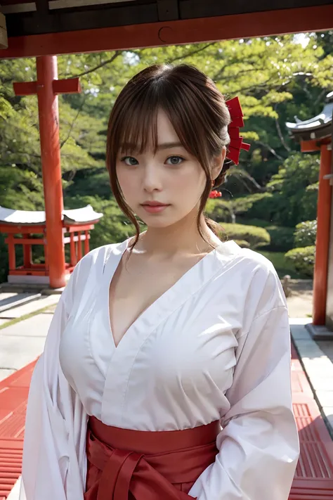 japanese shrine maiden, shrine grounds, (scarlet hakama), white kimono, big breasts