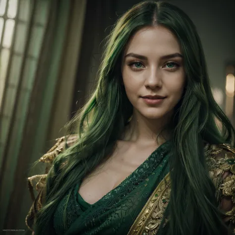 a woman from the united states, long green hair, green lipstick, beautiful detailed eyes, beautiful detailed lips, smiling, intricate detailed fantasy portrait, photorealistic, 8k, ultra-detailed, highly detailed, hyperrealistic, cinematic lighting, dramat...