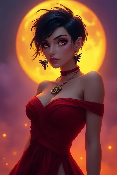 

" Create an image of a female witch with a rounded face and an androgynous appearance. She must have very short pixie-style hair and wear a vibrant red dress . Shes a bit fat and has big breasts .  The background must be a vibrant color like purple or ye...