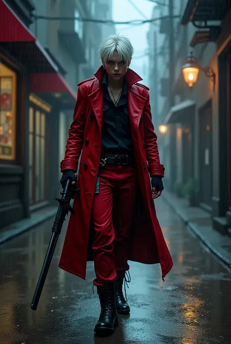 Bold demon hunter, who is 20 years old, in a gothic 2000s style. He uses a sword and a shotgun to fight. He has white hair, wears a red trench coat and red pants with black boots and a black shirt. He is in a dark alley on a rainy night.

