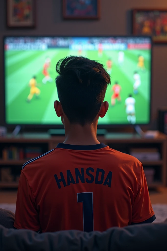 A 19 years old boy is watching indiya football match on TV the boys name is S.HANSDA and jersey number 1 is written on the jersey