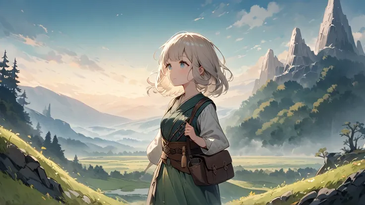 A young Japanese woman with platinum blonde bob hair stands on a cliffside, gazing out over a vast, mystical landscape inspired by Breath of the Wild. She wears an outfit styled like a fantasy adventurer, with a mix of rugged leather and earthy fabrics, ac...