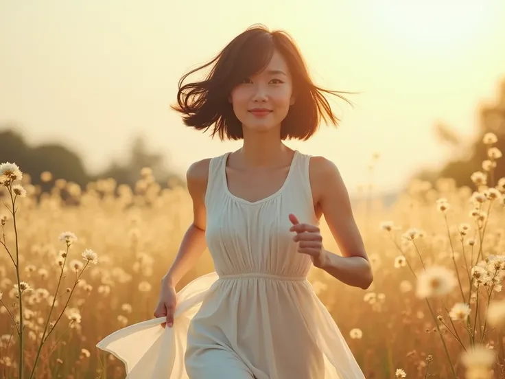  Pleasant Wind Blows 、The wind is a little strong、refreshing、clear々Shii、Changing Times 、 Woman Running Through the Wind 、 25 year old woman、 black hair、 Very Short 、 short bob、 White Dress with No Skin Exposure、smile、 background bright、 the shining sun 、 L...