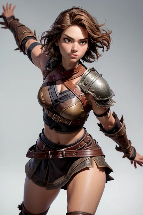  Young Viking woman , warrior, short brown hair, thick eyebrows,  brown eyes , leather armor,  strappy leather top , fur skirt, fierce expression,  combat posture ,  masterpiece , super detail,  lyrics,  plain white background , without patterns, No textur...