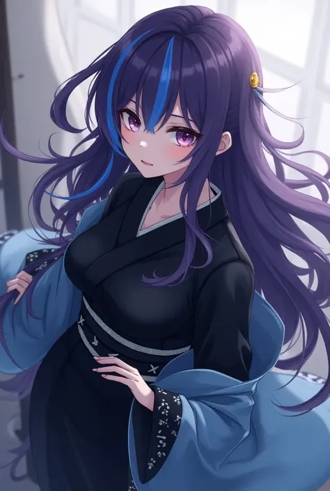 Attractive game girl with purple long hair 、 
Turn a section of the side of the bangs blue.　
 blue highlights on the side of her bangs 　Part of the bangs is blue　　 blue kimono with white triangular pattern on the cuffs　Light blue kimono coat
black hakama a...