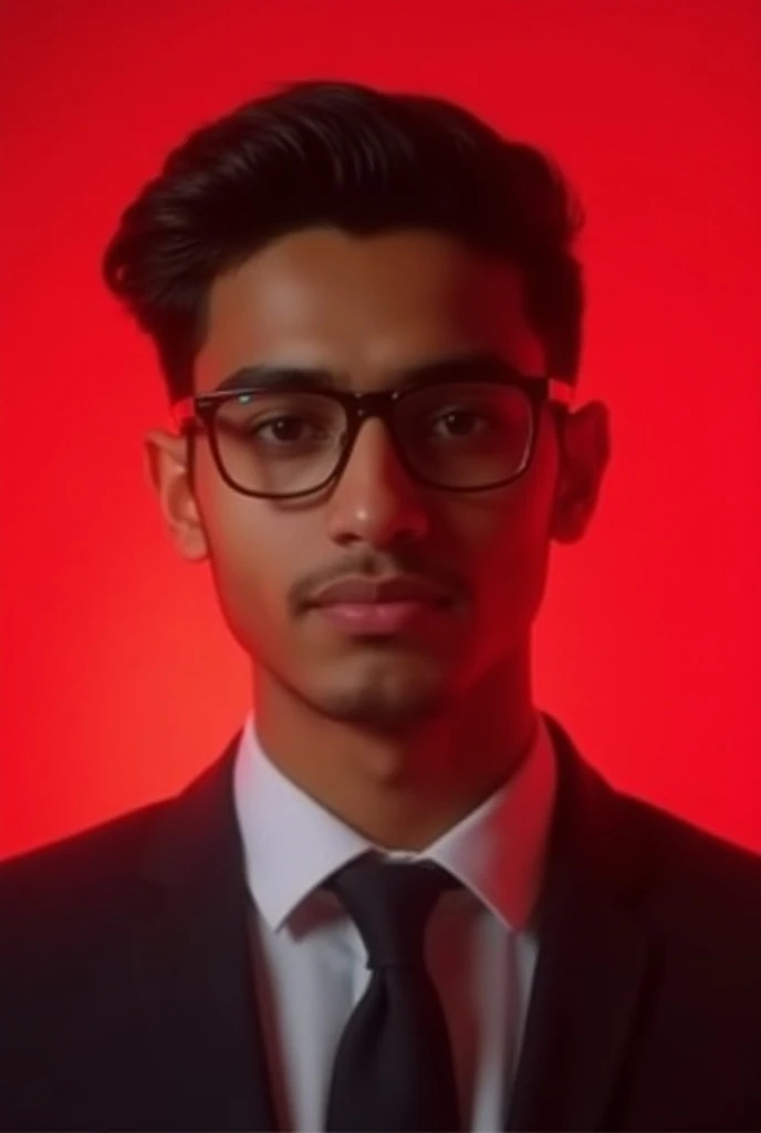 17year old Indian boy wearing formal and glasses
Posing for linkedin light red
 light in background 