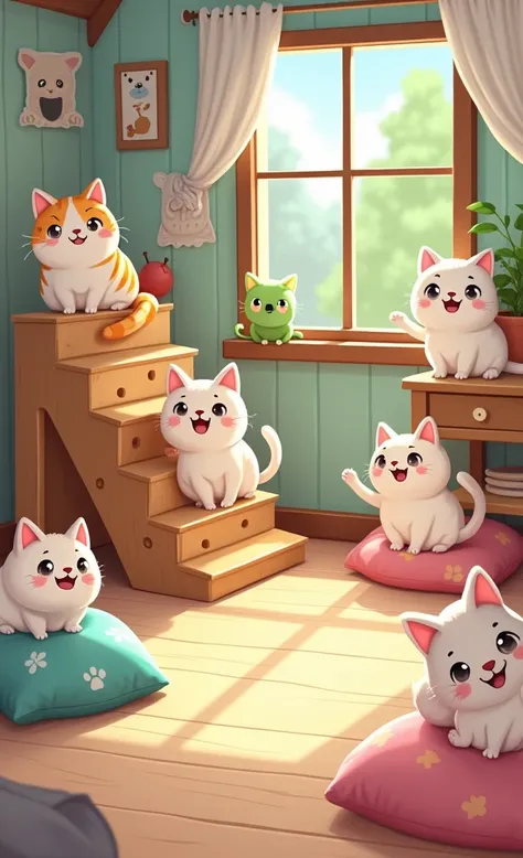 A cute cartoon-style scene， Create an indoor cat park， The room has a wooden stand where cats climb ， and some cushions on the floor ，Many cats play in the room ，Cat training game 