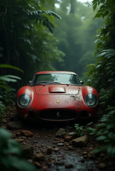 a rusty old red Ferrari  car in jungle, rainy day, harsh light,  rusted car parts scattered on the ground, a chain, a gun, a dark and oppressive atmosphere, and a dramatic ambient light. spot  warm light on car , dark plants dark plants surrounding car, ci...