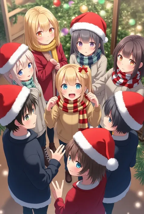 anime style,  seen from above,  group of 7 people, Natal, gorro de Natal, 3 girls,  4 boys, Sorrinxo 