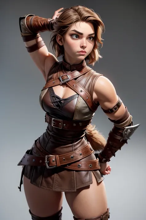  Young Viking woman , warrior, short brown hair, thick eyebrows,  brown eyes , leather armor,  strappy leather top , fur skirt, fierce expression,  combat posture ,  masterpiece , super detail,  lyrics,  plain white background , without patterns, No textur...