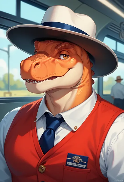 Create a highly detailed and stylized digital artwork of a dinosaur. Male velociraptor with orange skin. thin body. Red vest and red train conductor hat. Light brown eyes. The dinosaur should be depicted in a cartoon animation style with vibrant colors and...