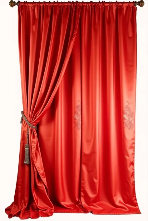  create an image of a red satin curtain embroidered in rose gold.  The royal red satin curtain is on the side , attached on the side . white background