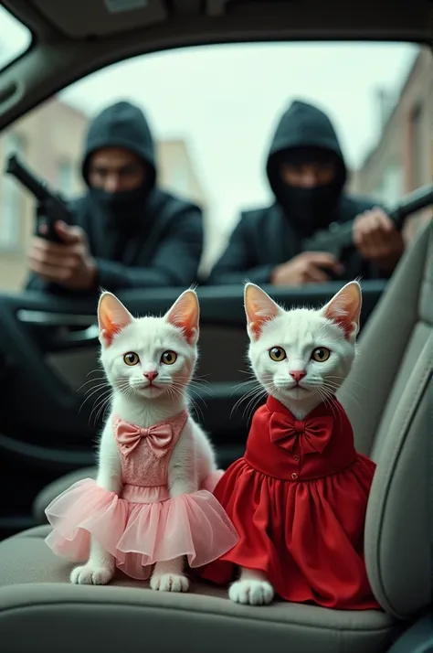 A white kitten wearing a pink dress and a white cat wearing a red dress are sitting on a car seat and two thieves with guns are standing in the car window