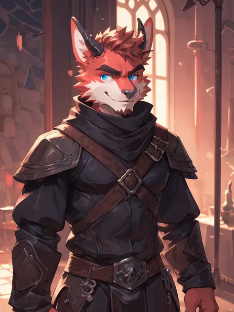 ((masterpiece, best quality)), (anthro furry:1.3, snout:1.2, anthro:1.3, furry:1.2, solo male:1.2, smug smile), Furry, kemono, furry cat, anthropomorphic, male, femboy, red fur, red skin, blue eyes, succubus tail. demonic horn, leather armor, sexy clothes,...