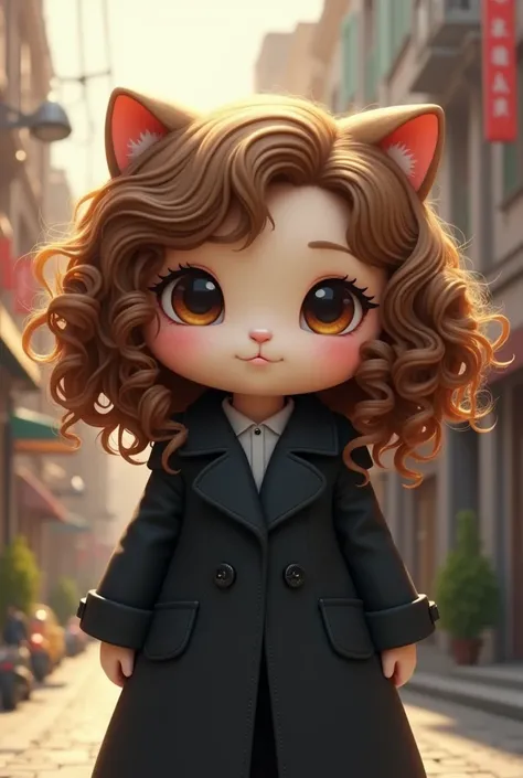 Make a hello Kitty who has curly ,  but so well curly hair, medium brown , , has brown eyes and is wearing a closed black coat,  that has a mole under her mouth and that looks like a drawing 