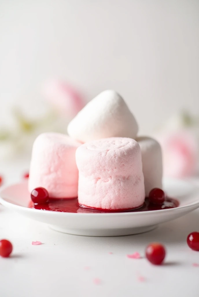  Airy white and pink marshmallows , on a beautiful white saucer ,  next to red currants and strawberry jam