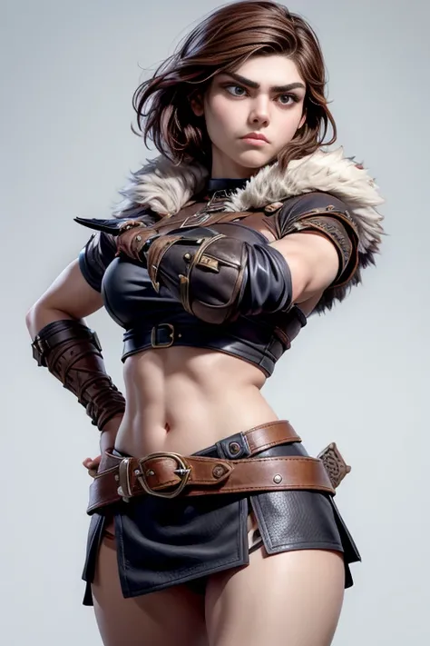  Young Viking woman , warrior, short brown hair, thick eyebrows,  brown eyes , leather armor,  strappy leather top , fur skirt, fierce expression,  combat posture ,  masterpiece , super detail,  lyrics,  plain white background , without patterns, No textur...