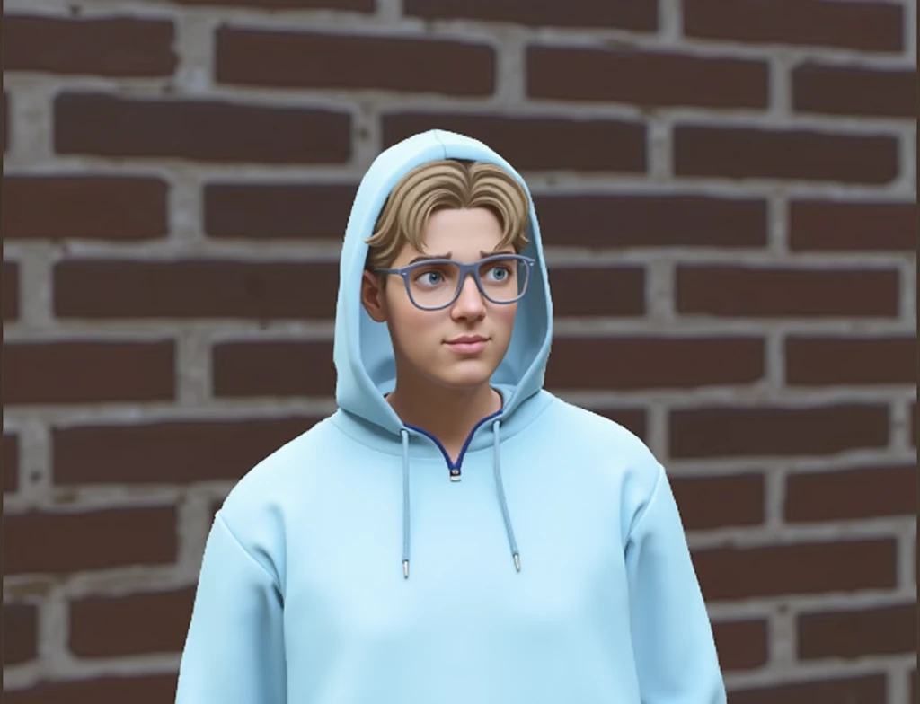 man, baby face, blue eye, light blue hoodie, brown hair, silver glasses, brick walls