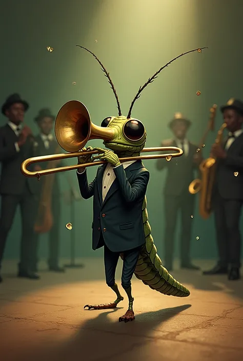 I want an ilustration of a cricket playing a trombone 