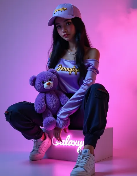 A stunning 3D render of Berny, a Philippine woman with long black hair, exuding confidence and glamour. She dons a silky lavender off-the-shoulder blouse with the name "Jennylyn" emblazoned in gold letters, a casual cap that reads "Jennylyn," signifying he...