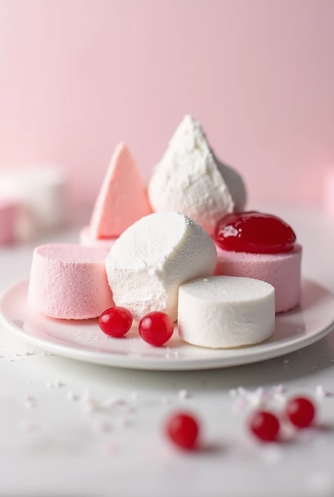  Airy white and pink marshmallows , on a beautiful white saucer ,  next to red currants and strawberry jam