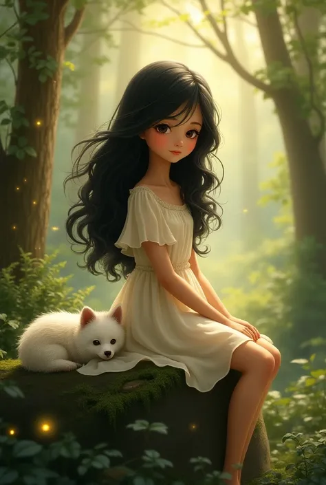 Create a  girl with long wavy black hair wearing a dress sitting on a rock in the woods and next to her a small white sleeping dog