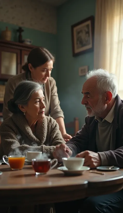 An old father and adult son was talking at living room while the old mother serve food and tea at the table within the old father and the adult son talking about money situation.