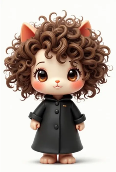 Make a hello Kitty who has curly , But so curly ,  that it is curlier half brown , , has brown eyes and is wearing a closed black coat,  that has a mole under my mouth and that looks like a drawing and has to have a white background, To have, Are you OK,  ...