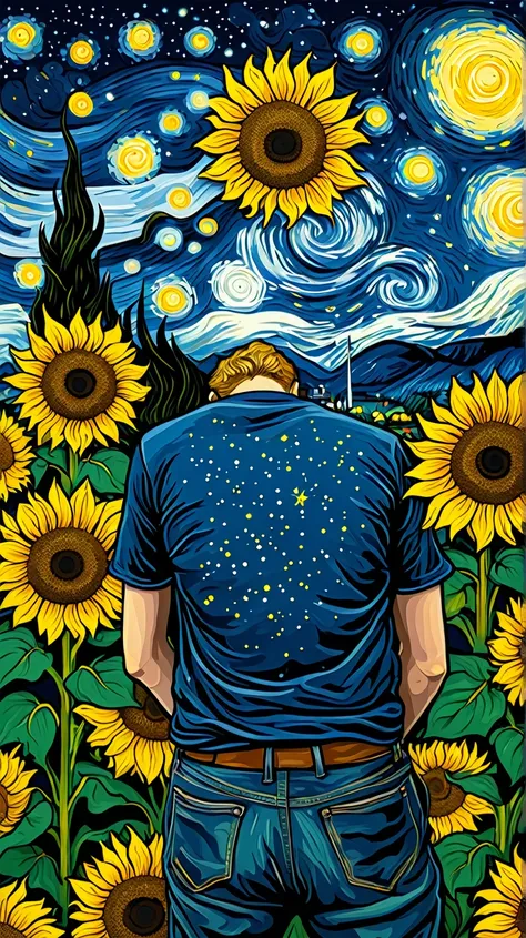  Create an art inspired by Van Gogh , with him on your back ,  amidst sunflowers and with a starry night sky, , a focused art for the print of a t-shirt 