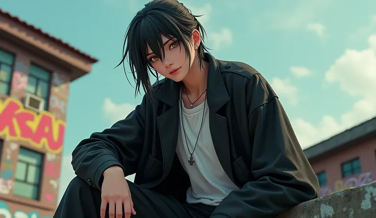 (photorealism:1.2), medium close up, an Indonesian high school student, white skin, sharp gaze full of charisma, has a tall and athletic body, distinctive long black hair tied half back, wearing a black Suzuran school uniform with an oversized jacket that ...