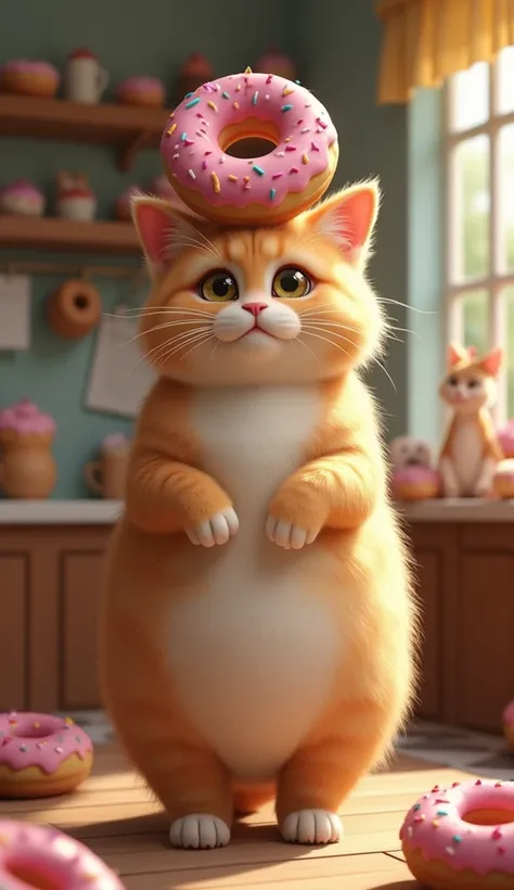 A cute, very fat cat is standing on two legs in front of a 、 standing on two legs facing the front in the doughnut house、Fluffy fur、Fluffy wool 、 skirt with open pupils 、 High Quality 、delicate、 real、I have a donut on my head