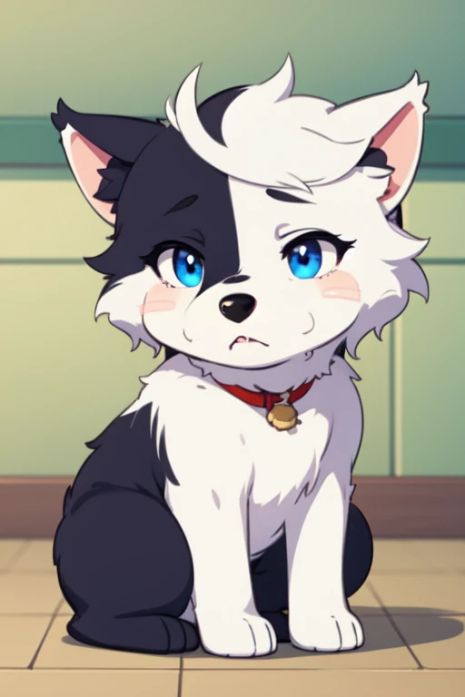 Cartoon furry husky puppy with blue eyes making a sad face