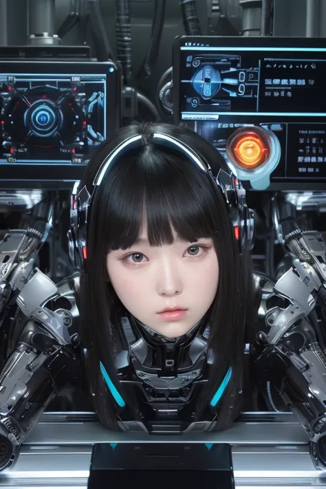 masterpiece, best quality, extremely detailed,portrait,upper body,front view,Japaese android girl,Plump, control panels,android,Droid,Mechanical Hand, Robot arms and legs,Blunt bangs,long tube,thick cable connected her neck,