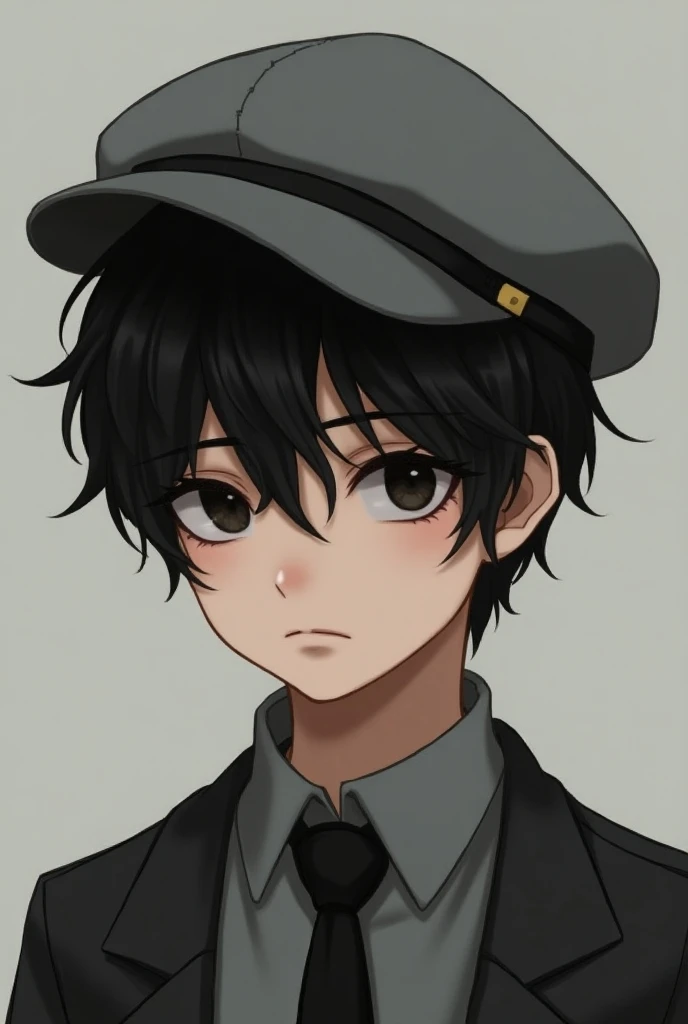 Black-haired boy medium gray cap on the side and overhangs on his head medium light black shirt gon black tie 