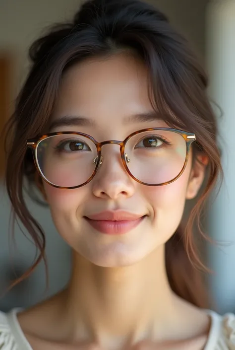  A woman with a rounded face ,  with balanced and symmetrical proportions .  Your cheeks are soft and slightly fill ,  a youthful and friendly appearance .  The skin on her face is light in tone ,  with a soft and uniform texture ,  as if you had a light l...