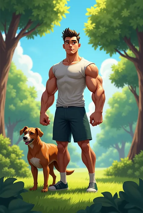 A muscular gym boy is standing in a park with his pet dog. He is wearing a tight T-shirt and shorts, showcasing his strong build. The dog looks happy and stands beside him. The background features lush green grass, tall trees, and a bright, sunny sky. The ...