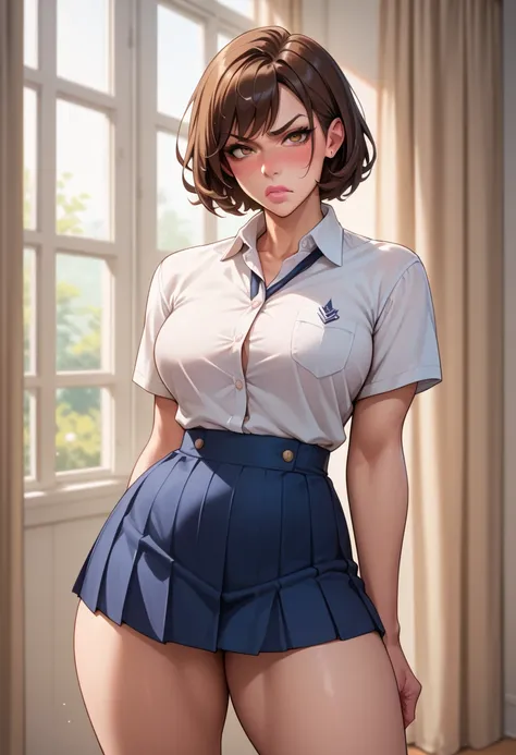 Beautiful girl with short brown hair light eyes firm breasts big thighs toned Japanese schoolgirls uniform standing blushed face blushed cheek tender expression angry pink lips 