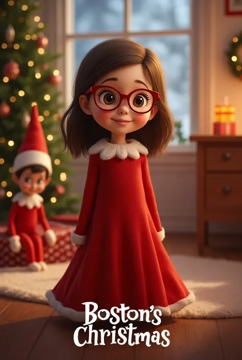  little white girl brown eyes brown shoulder length hair red dress glasses Christmas scene movie poster with elf on the shelf with title "Bostons Christmas 2"