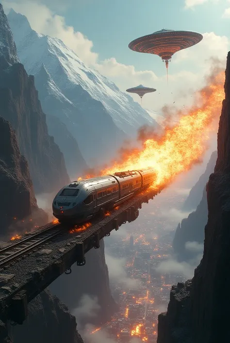 Burning train passing through a mountain as aliens invade the city in the background behind, los alienes vienen en platillos voladores, la ciudad tiene que resaltar