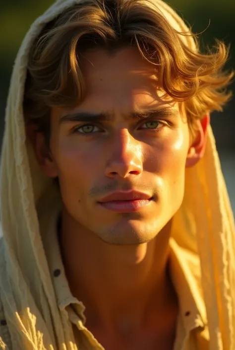 Create me a man with these characteristics with his golden skin tone that shines softly under the sunlight,  they have an appearance that reflects their deep connection with the cosmos and the Earth. his eyes, grandes y expresivos,  and usually has shades ...