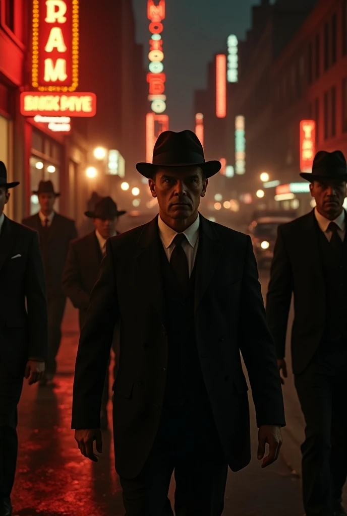 Realistic, theme is "Neon town at night", Harlem district of New York during the prohibition era of the 1920s, untouchable IRS agents, a scene of a raid on a moonshine manufacturer, sepia-toned, cinematic, sophisticated design, advanced lighting technology...