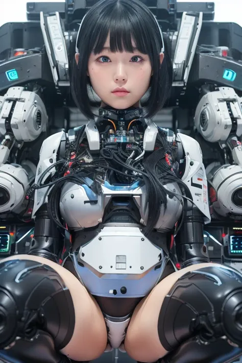  masterpiece, best quality, extremely detailed, Japanese android girl,portrait,Plump ,control panels,Squat,android,droid,Mechanical Hand,Robot arms and legs, Black Robot Parts,black hair,darkblack tights,blunt bangs,white robot body,platform sneaker,blue e...