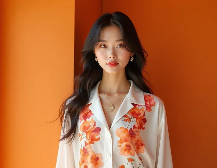 Sharp, beautiful and elegant fashion photos of a Yunnan Chinese model. She has a tall and slender figure, fair skin and long straight black hair. She looks confident and elegant in fashion. She wears a white shirt with orange, red and pink watercolor patte...