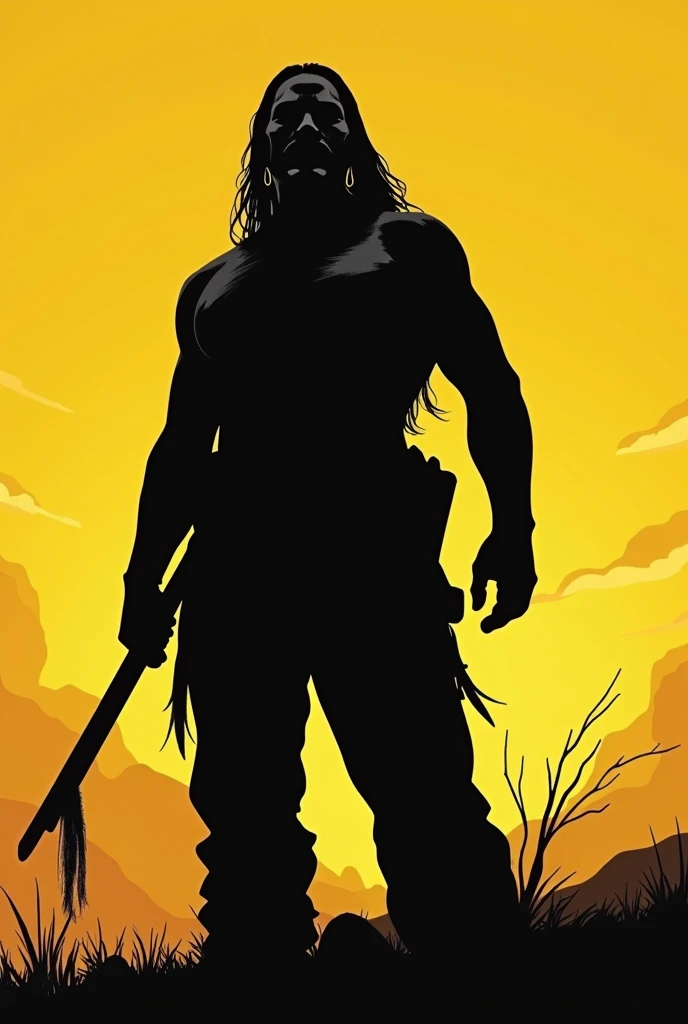 Comic-like image of a silhouette of an indigenous man with a clear mustard sky in the background