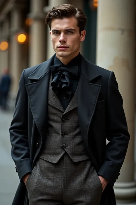 Porcelain Skin,  combined perfectly with his charcoal overcoat, a starched black ruffle collar and plaid pants ,  I was jealous of how well dressed he was .