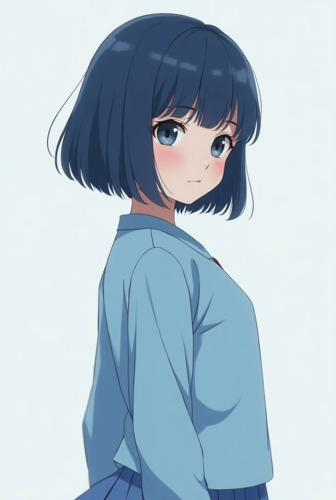 Short haired dark blue girl dressed in light blue in uniform 