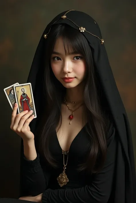 enigmatic girl holding tarot cards、smile、 long hair、 imaginary、 magic 