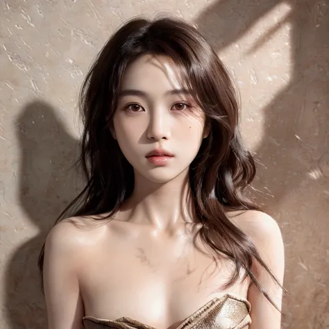 8K,  Best quality , masterpiece,   ultra high resolution , ( photorealistic :1.4), (  Genuine skin texture  :1.3) Portray ,   a 19-year-old Japanese girl with white skin  ,   dark brown wavy hair a long layered cut,  thin eyebrows,   ripped dragon or fox e...